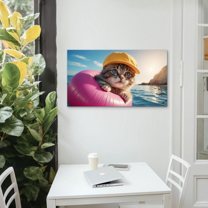 Blue-Eyed Cat in HatGlass Print,XXL Decorative Tempered Glass Panel,Funny Adorable Animal Portrait