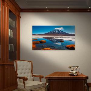 Tempered Glass Wall Art: Snowy Volcano & Crystal Lake Reflection - Large Landscape Print