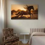 Extra Large Tempered Glass Art: Golden Runner - Galloping Horse at Sunset with Glitter Dust