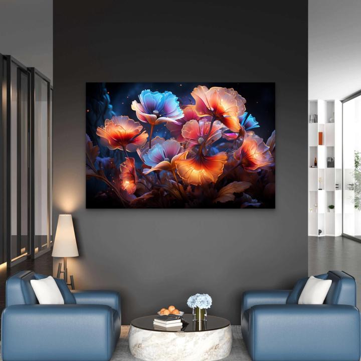 Glowing Translucent Flowers Tempered Glass Wall Art | Fantasy Floral Garden Large Decor