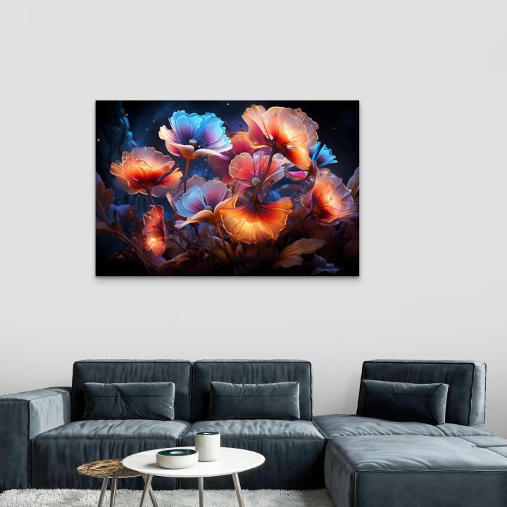 Glowing Translucent Flowers Tempered Glass Wall Art | Fantasy Floral Garden Large Decor