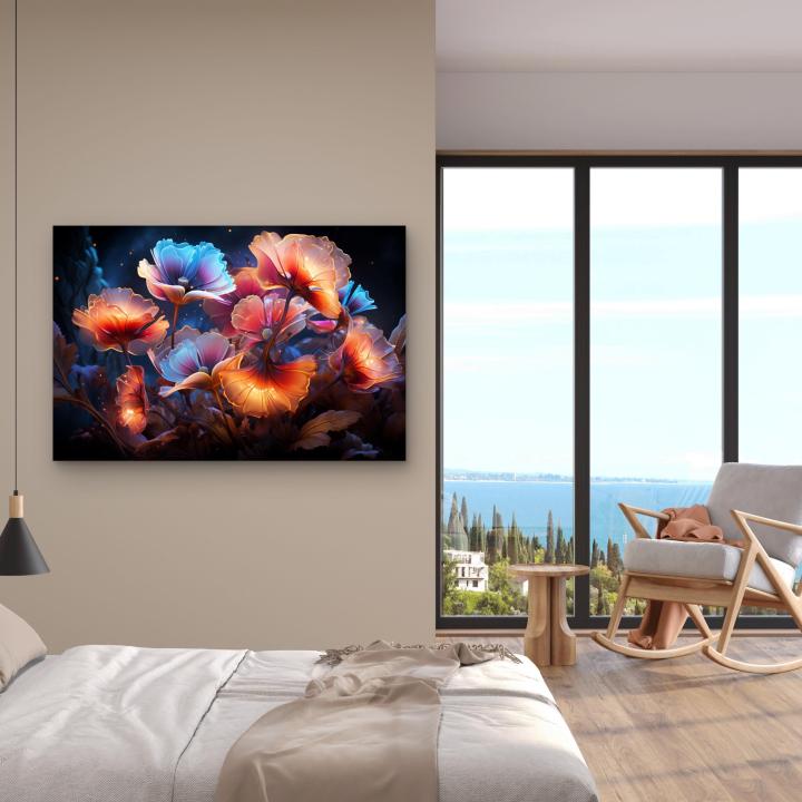 Glowing Translucent Flowers Tempered Glass Wall Art | Fantasy Floral Garden Large Decor