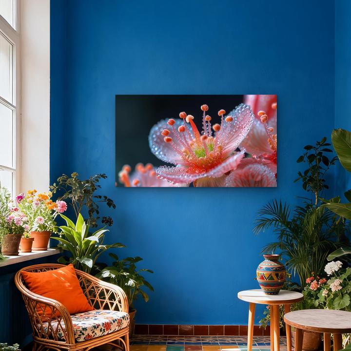 Pink Flower Dew Drops Tempered Glass Wall Art – Modern Floral Decor