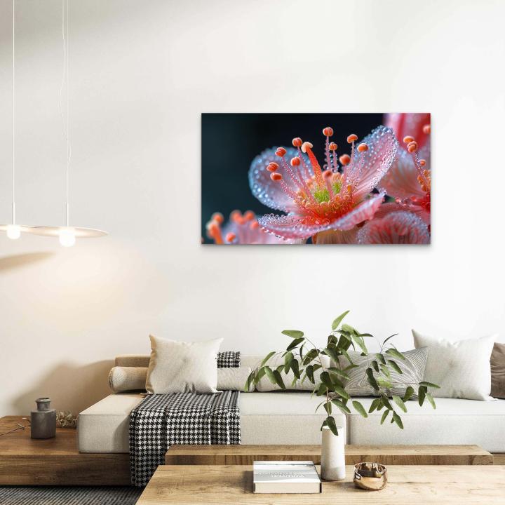 Pink Flower Dew Drops Tempered Glass Wall Art – Modern Floral Decor