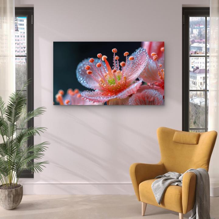 Pink Flower Dew Drops Tempered Glass Wall Art – Modern Floral Decor