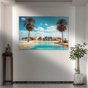 Large Tempered Glass Wall Art | Tropical Oasis Village and Palm Trees Scenery