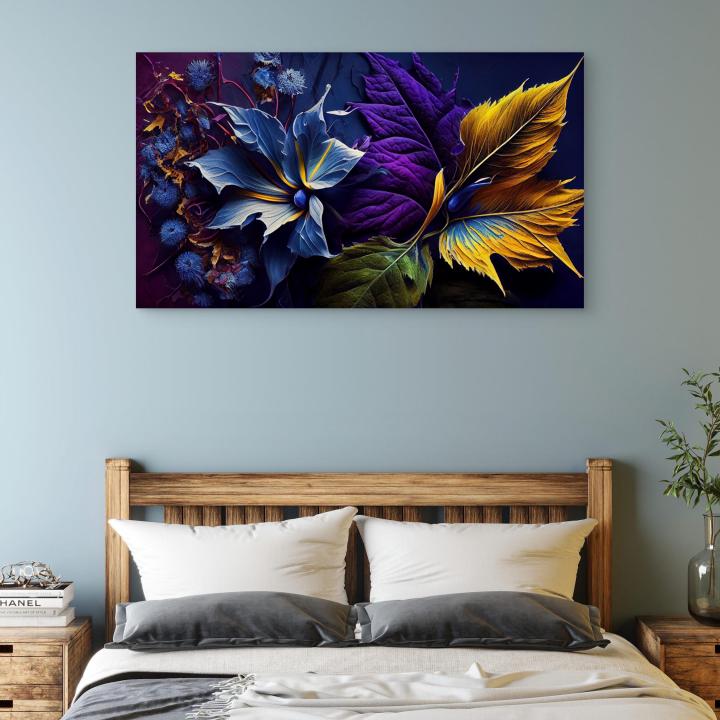 Abstract Floral Tempered Glass Wall Art: Blue, Purple, Gold,Large size