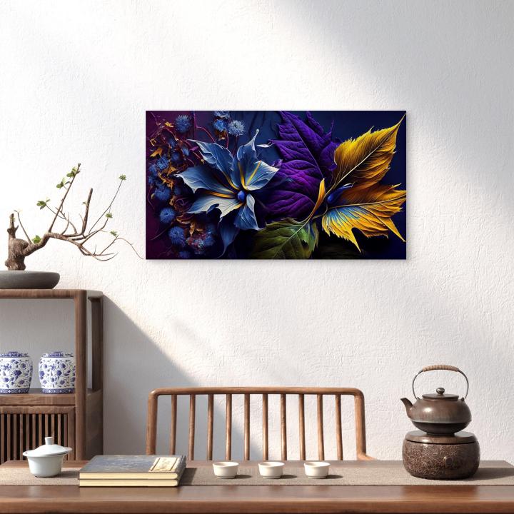 Abstract Floral Tempered Glass Wall Art: Blue, Purple, Gold,Large size
