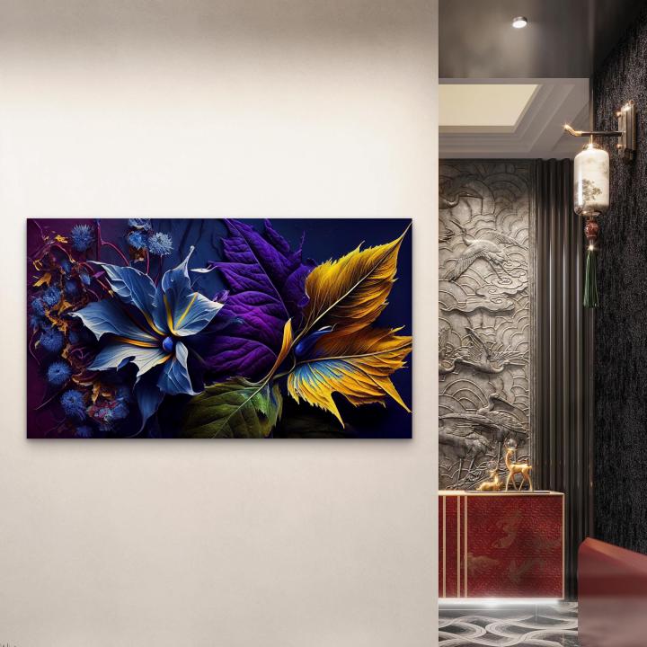 Abstract Floral Tempered Glass Wall Art: Blue, Purple, Gold,Large size