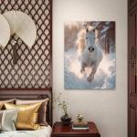 Running Horse in Snow Large Tempered Glass Wall Art,Symbol of Strength and Freedom