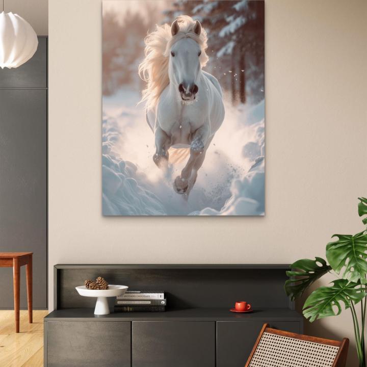 Running Horse in Snow Large Tempered Glass Wall Art,Symbol of Strength and Freedom