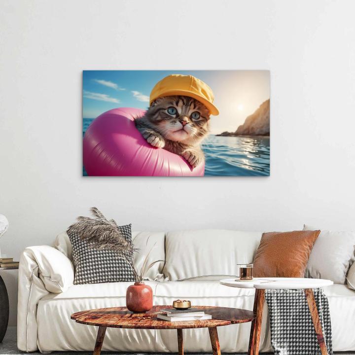Blue-Eyed Cat in HatGlass Print,XXL Decorative Tempered Glass Panel,Funny Adorable Animal Portrait