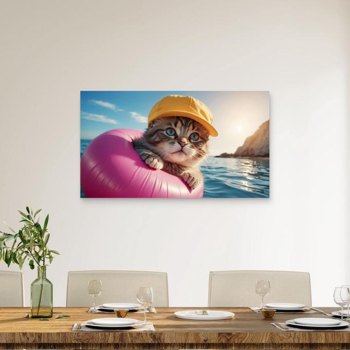 Blue-Eyed Cat in HatGlass Print,XXL Decorative Tempered Glass Panel,Funny Adorable Animal Portrait