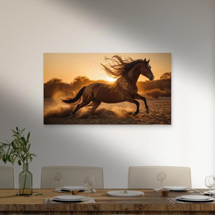Extra Large Tempered Glass Art: Golden Runner - Galloping Horse at Sunset with Glitter Dust
