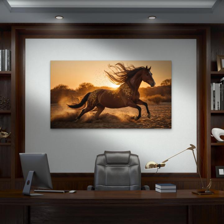 Extra Large Tempered Glass Art: Golden Runner - Galloping Horse at Sunset with Glitter Dust