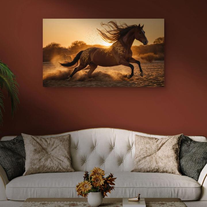 Extra Large Tempered Glass Art: Golden Runner - Galloping Horse at Sunset with Glitter Dust