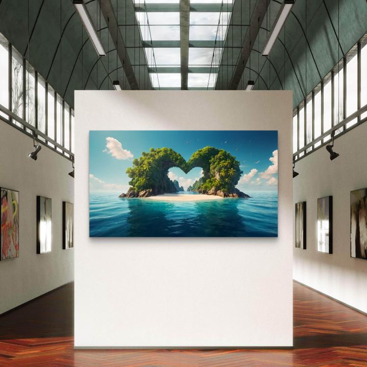 Large Heart Shaped Island Tempered Glass Art,Tropical Love Island Wall Decor,Honeymoon Gift