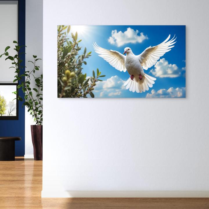 Symbol of Peace,Glossy Tempered Glass Print of Flying White Dove,Spiritual Wall Decor