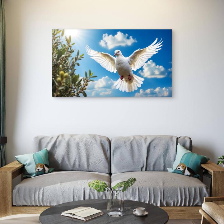 Symbol of Peace,Glossy Tempered Glass Print of Flying White Dove,Spiritual Wall Decor