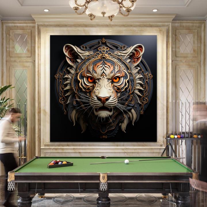 Large Tempered Glass Wall Art - Ornate Gold Detail Lion Head Sculpture Print