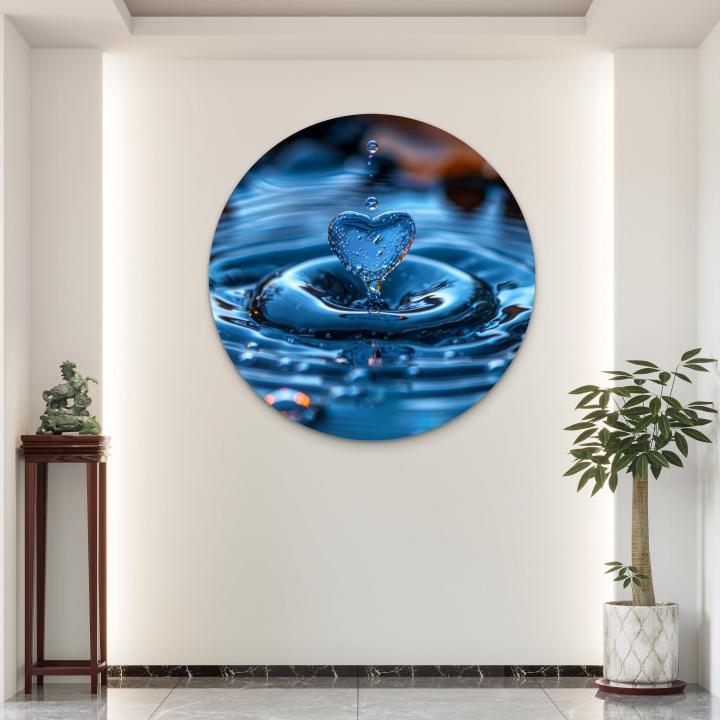 Blue Heart Water Drop Round Tempered Glass Wall Art, Macro Splash Photography, Abstract Decor