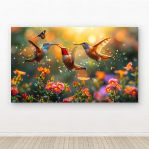 Colorful Hummingbird & Flowers Tempered Glass Home Decor, Nature Wall Art