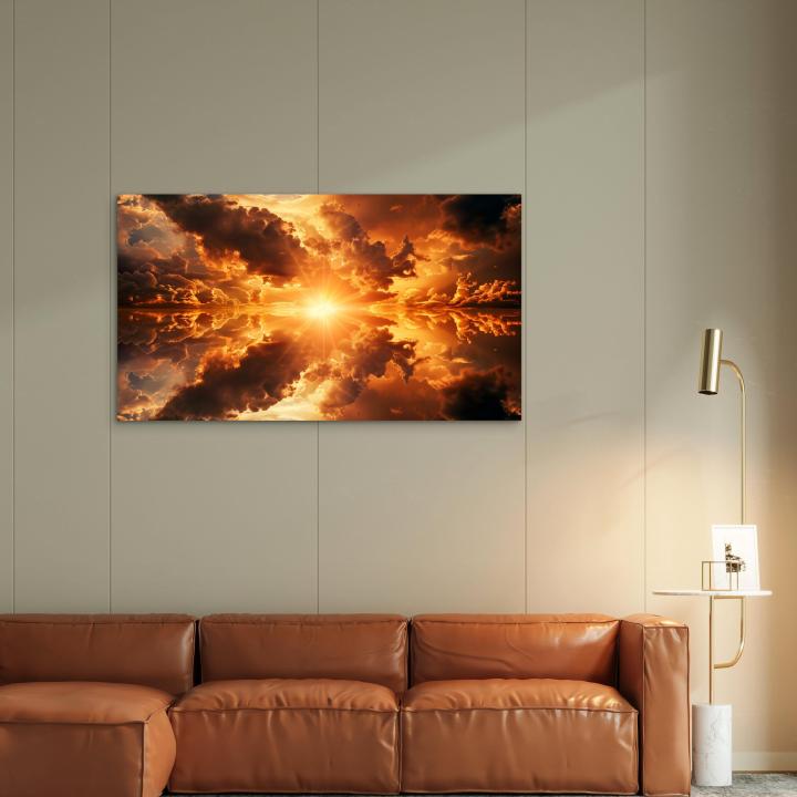 Golden Sunset Clouds Tempered Glass Wall Art – Symmetrical Sky Decor,Large
