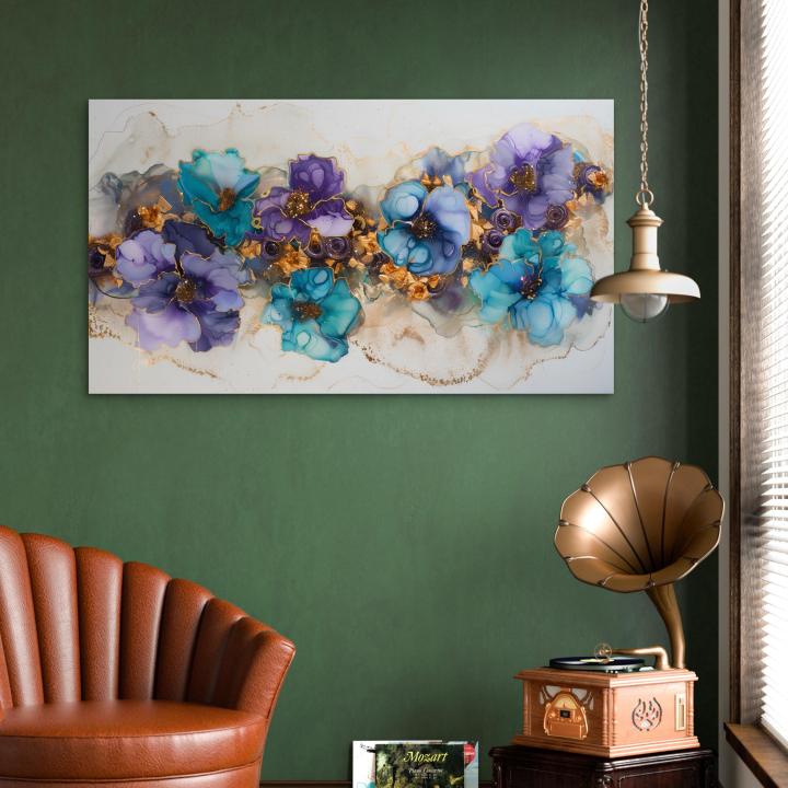 Alcohol Ink Glass Wall Art, Abstract Floral Tempered Glass Decor, Large Gold Vein Wall Hanging