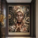 Gold African Woman Portrait, Renaissance Mashup Decor, Tempered Glass Print, Eclectic Maximalist Art