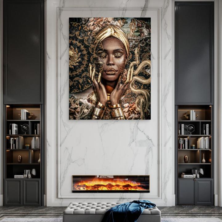 Gold African Woman Portrait, Renaissance Mashup Decor, Tempered Glass Print, Eclectic Maximalist Art