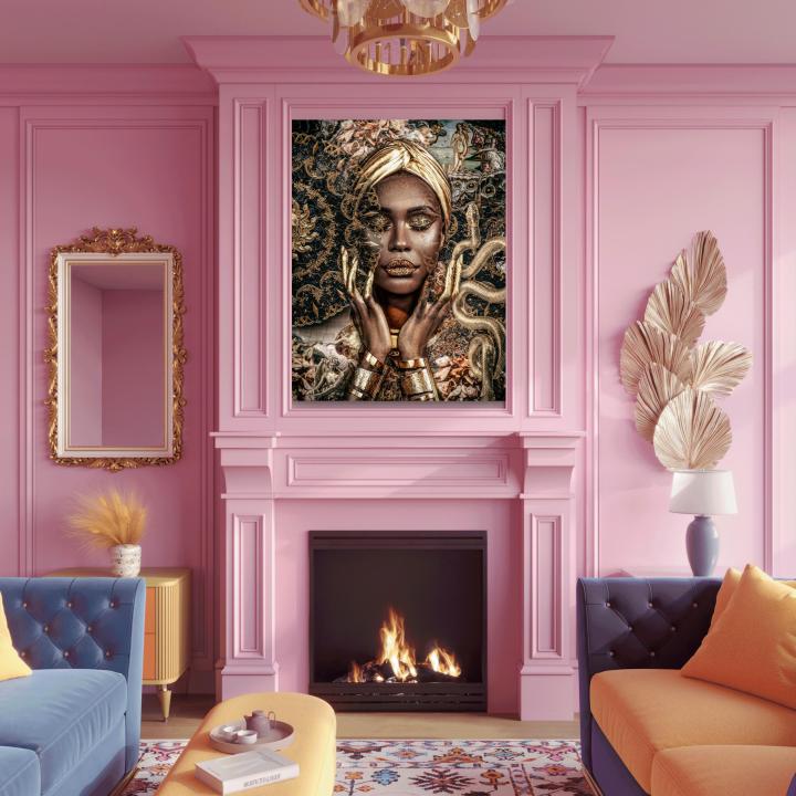 Gold African Woman Portrait, Renaissance Mashup Decor, Tempered Glass Print, Eclectic Maximalist Art