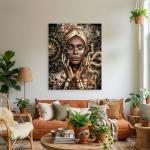 Gold African Woman Portrait, Renaissance Mashup Decor, Tempered Glass Print, Eclectic Maximalist Art