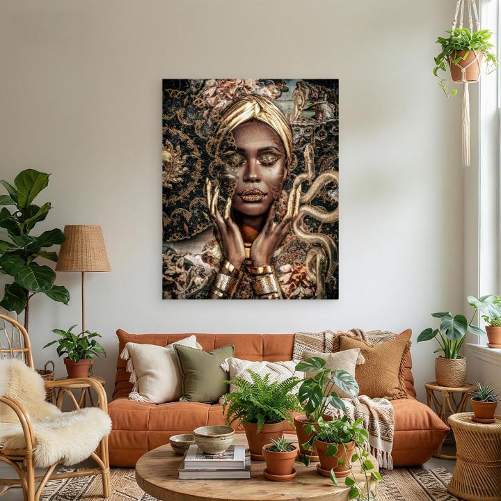Gold African Woman Portrait, Renaissance Mashup Decor, Tempered Glass Print, Eclectic Maximalist Art
