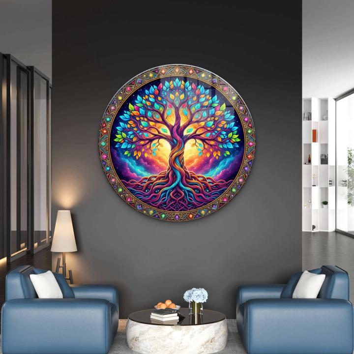 Rainbow Tree of Life Glass Wall Art – Round Tempered Print,Large