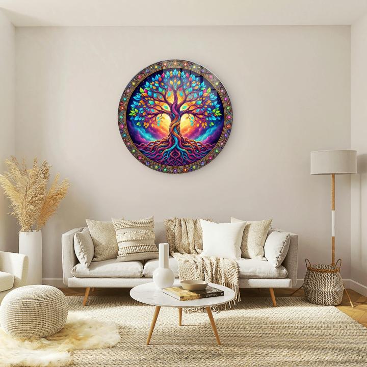 Rainbow Tree of Life Glass Wall Art – Round Tempered Print,Large