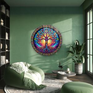 Rainbow Tree of Life Glass Wall Art – Round Tempered Print,Large
