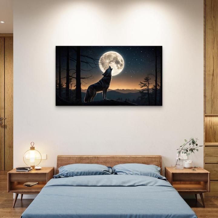 Howling Wolf Under Full Moon Tempered Glass Wall Art, Wildlife Decor,Large
