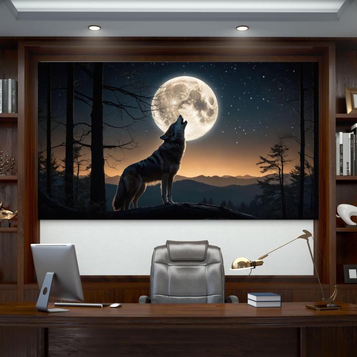 Howling Wolf Under Full Moon Tempered Glass Wall Art, Wildlife Decor,Large