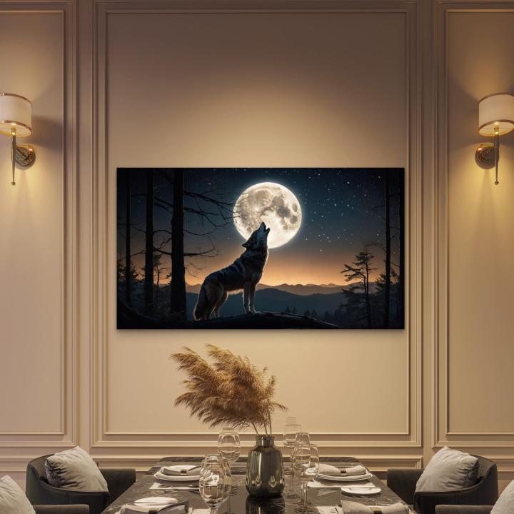 Howling Wolf Under Full Moon Tempered Glass Wall Art, Wildlife Decor,Large
