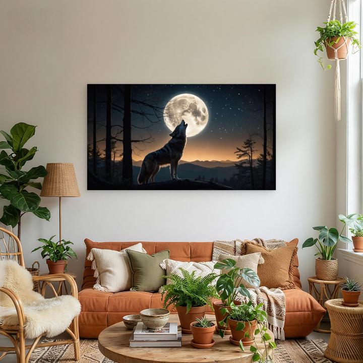 Howling Wolf Under Full Moon Tempered Glass Wall Art, Wildlife Decor,Large