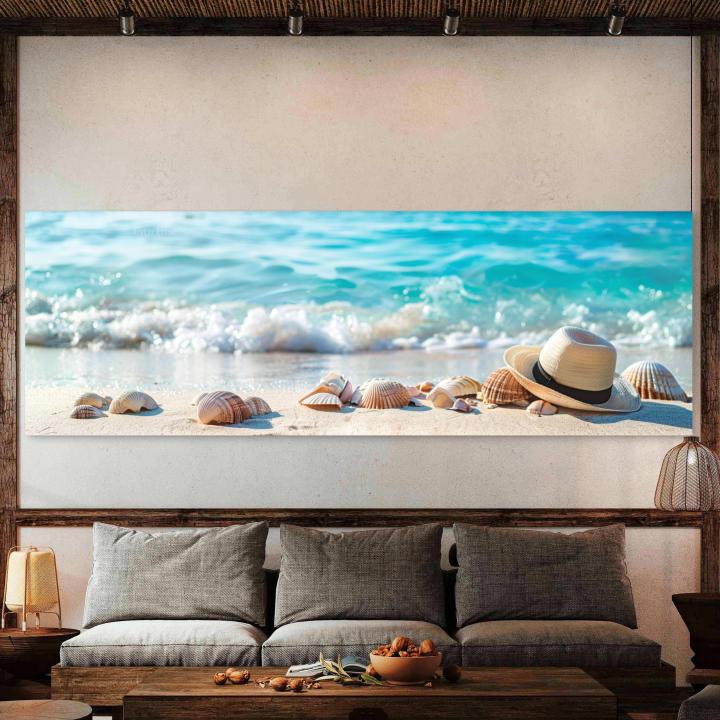 Panoramic Tempered Glass Wall Art, Beach Sand and Seashells Decor, Large Horizontal Glass Printing