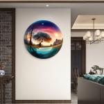 Round Surreal Landscape Glass Wall Art,Fantasy World Glass Hanging,Tempered