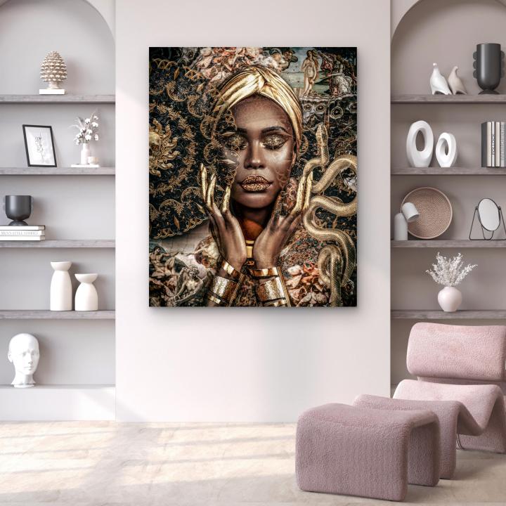 Gold African Woman Portrait, Renaissance Mashup Decor, Tempered Glass Print, Eclectic Maximalist Art