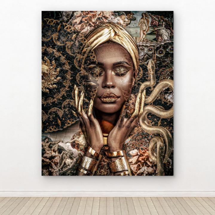 Gold African Woman Portrait, Renaissance Mashup Decor, Tempered Glass Print, Eclectic Maximalist Art