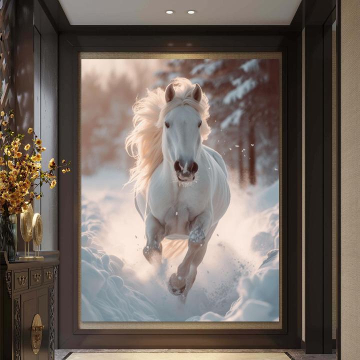 White Horse Running in Snow Tempered Glass Wall Art,Majestic Animal Large Wall Decor