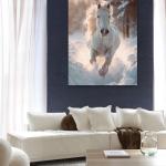 White Horse Running in Snow Tempered Glass Wall Art,Majestic Animal Large Wall Decor