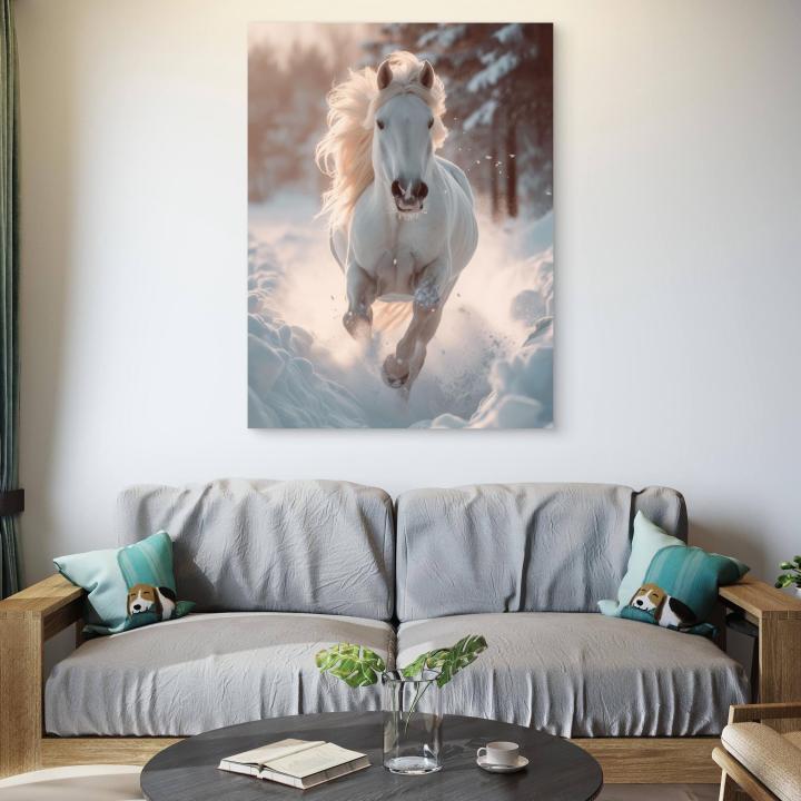 White Horse Running in Snow Tempered Glass Wall Art,Majestic Animal Large Wall Decor