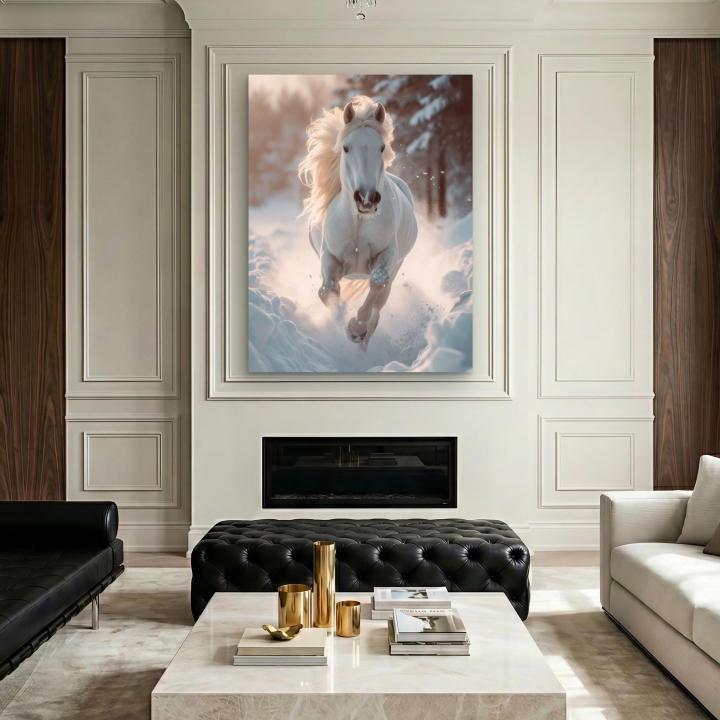 White Horse Running in Snow Tempered Glass Wall Art,Majestic Animal Large Wall Decor