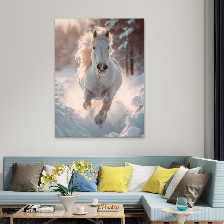White Horse Running in Snow Tempered Glass Wall Art,Majestic Animal Large Wall Decor