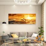Panoramic Dolphin Glass Wall Art, Ocean Sunset Decor, Horizontal Marine Glass Print